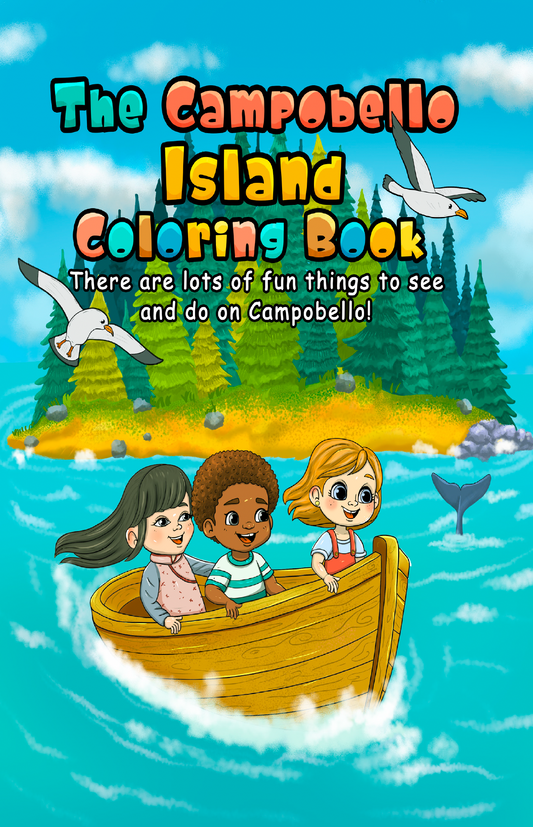 Cover of the Campobello Coloring Book showing three children in a boat with an island behind it